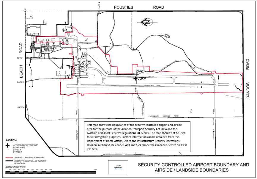 This map shows the boundaries of the security controlled airport and airside area for the purpose of the Aviation Transport Security Act 2004 and the Aviation Transport Security Regulations 2005 only. The map should not be used for air navigation purposes. Further information can be obtained from the Department of Home Affairs, Cyber and Infrastructure Security Operations Division, 6 Chan St, Belconnen ACT 2617, or phone the Guidance Centre on 1300 791 581.
