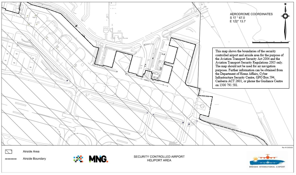 This is map 3 of 4 of Broome International Airport which has been declared a security controlled airport. The map establishes airport boundaries and airside areas for the purposes of section 28 and section 29 of the Aviation Transport Security Act 2004.