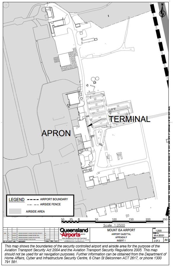 This is map 2 of 2 of Mount Isa Airport which has been declared a security controlled airport. The map establishes airport boundaries and airside areas for the purposes of section 28 and section 29 of the Aviation Transport Security Act 2004.