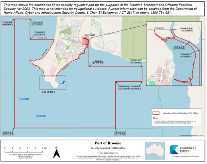 This is a map 1 of 2 of the port of Port of Broome, which has been declared a security regulated port. The map shows the boundaries of the security regulated port for the purposes of section 13 of the Maritime Transport and Offshore Facilities Security Act 2003.