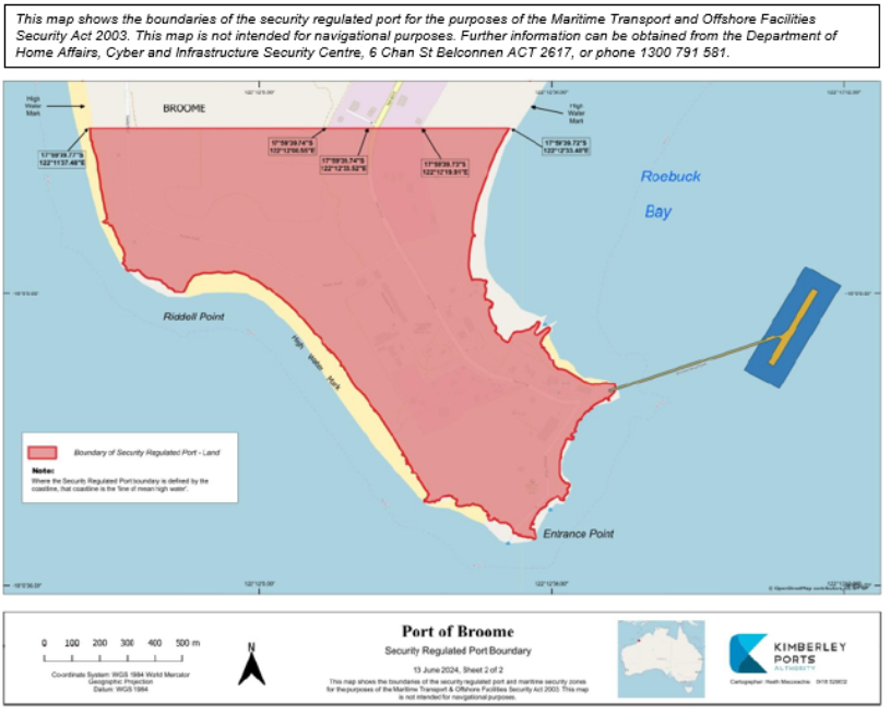 This is a map 2 of 2 of the port of Port of Broome, which has been declared a security regulated port. The map shows the boundaries of the security regulated port for the purposes of section 13 of the Maritime Transport and Offshore Facilities Security Act 2003.