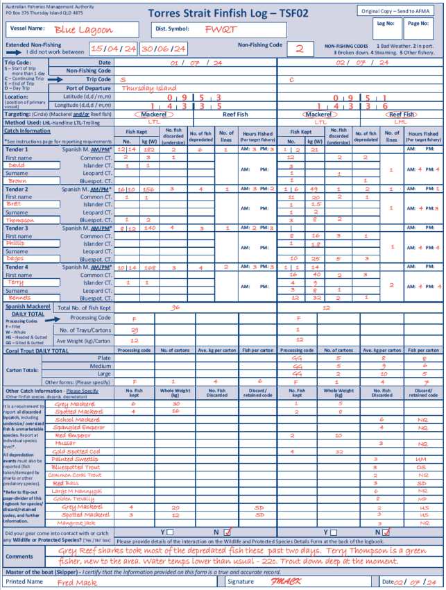 This picture depicts an example TSF02 logsheet, blue in colour with red text to show fishers how to fill in the logsheet. Example dates, catch information such as fish species, and other fishing trip information are shown.