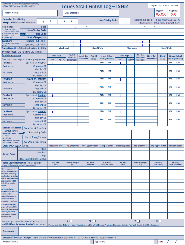 A blank TSF02 logsheet. This page is used by fishers to provide their catch information. Further information about fishing log contents are detailed in the "How to Complete" section of this logbook.