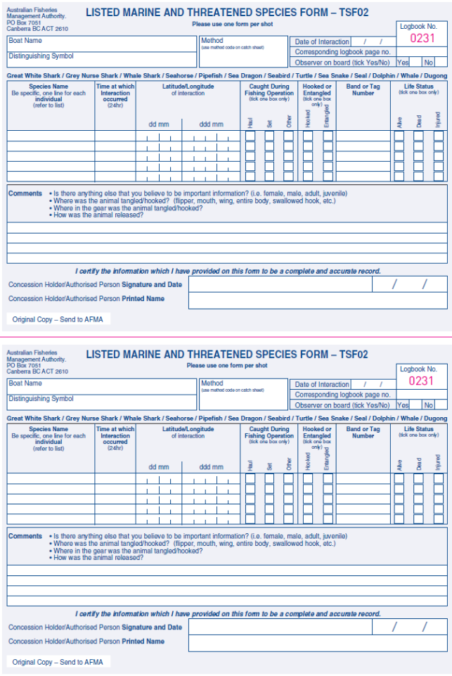 This picture depicts two listed marine and threatened species forms from the Torres Strait Finfish Log. Required information includes operation details, interaction details, and any additional comments.