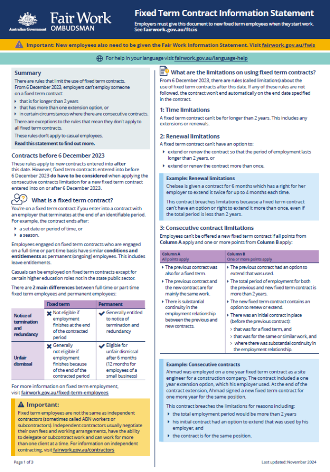 Image of page 1 of 3 of the Fixed Term Contract Information Statement.

The Fixed Term Contract Information Statement is available at / can be downloaded at www.fairwork.gov.au/ftcis