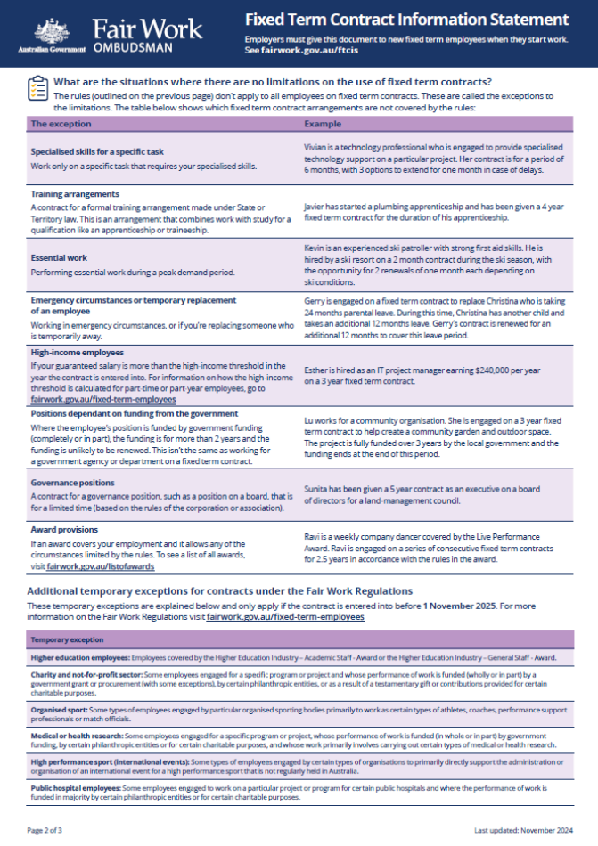 Image of page 2 of 3 of the Fixed Term Contract Information Statement.

The Fixed Term Contract Information Statement is available at / can be downloaded at www.fairwork.gov.au/ftcis 