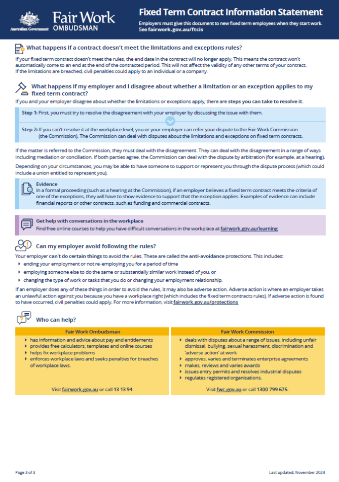 Image of page 3 of 3 of the Fixed Term Contract Information Statement.

The Fixed Term Contract Information Statement is available at / can be downloaded at www.fairwork.gov.au/ftcis 