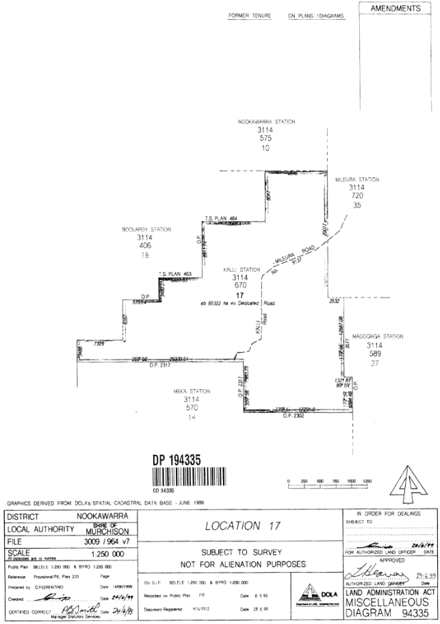 Title plan of Lot 17, DP 194335 Kalli Station showing neighbouring stations (clockwise from north: Nookawarra,  Mileura, Mandooga, Meka and Boolardy) plus Landgate information (District Nookawarra; Local Authority Shire of Murchison).