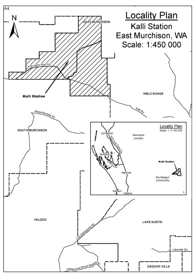 Locality plan of Kalli Station in the East Murchison showing the Boolardy-Kalli road running through the Land to the intersection of two un-named roads in the middle of the southern boundary of the Land.