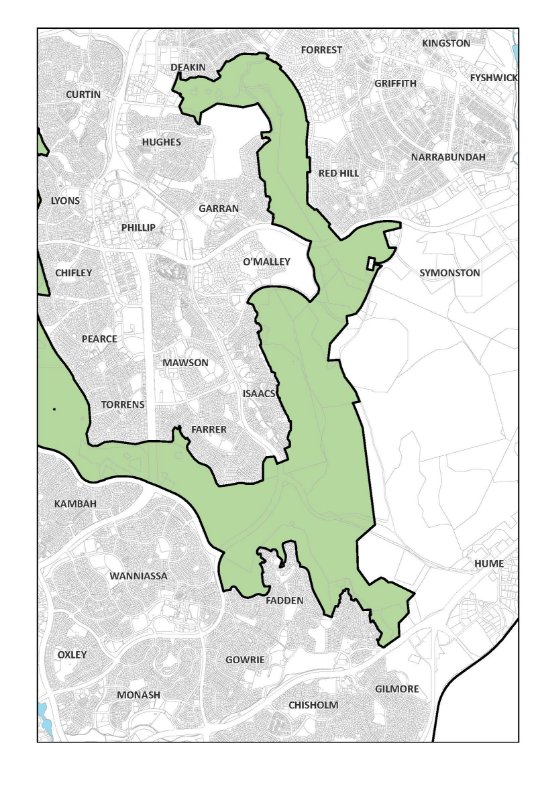 Map showing the Inner Hills located to the west of Woden suburbs such as Garran, O'Malley and Isaacs, and between the Woden and Tuggeranong divisions. This area of the Inner Hills includes Red Hill.
