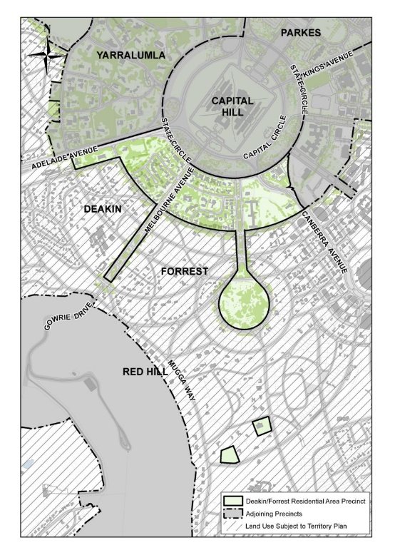 Map showing the location of the Deakin Forrest Residential Precinct location. The precinct area comprises the area bounded by State Circle, Canberra Avenue, National Circuit and Adelaide Avenue. The preinct also includes the site of the Church of St Andrew, the Italian embassy, Collins Park and diplomatic missions in Red Hill.