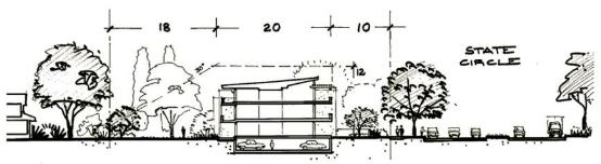 Drawing illustrating the indicative section for State Circle, including road and parking, verge, development and landscape.
