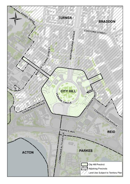 Map showing the location of the City Hill Precinct. The precinct area includes City Hill and land surrounding City Hill bounded by London Circuit.