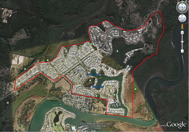 The image is Map 1 contained in Annexure A, and displays the boundaries for the network determined to be adequately served in Coomera Waters in Coomera, Queensland.