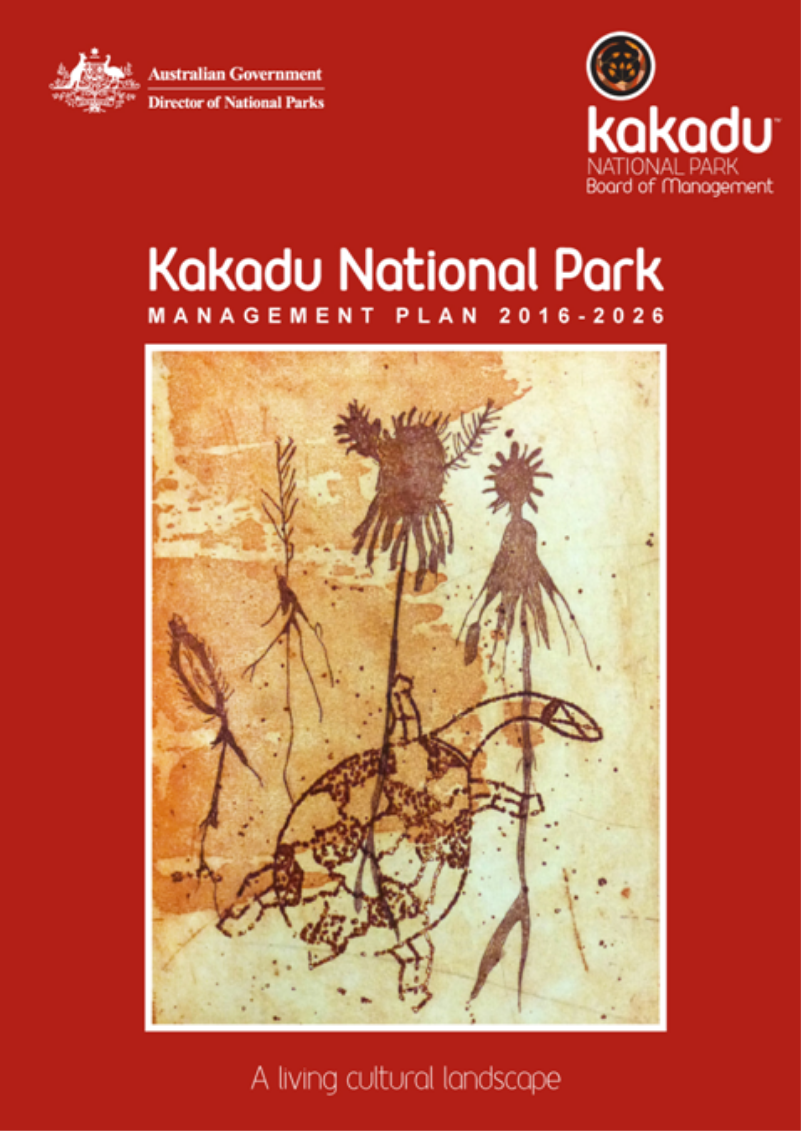 Cover design of the Kakadu Management Plan including and image of an Indigenous artwork featuring a long necked turtle.