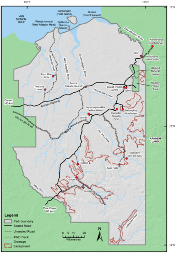 Map showing the boundaries, roads and escarpment for Kakadu National Park, including points of interest.