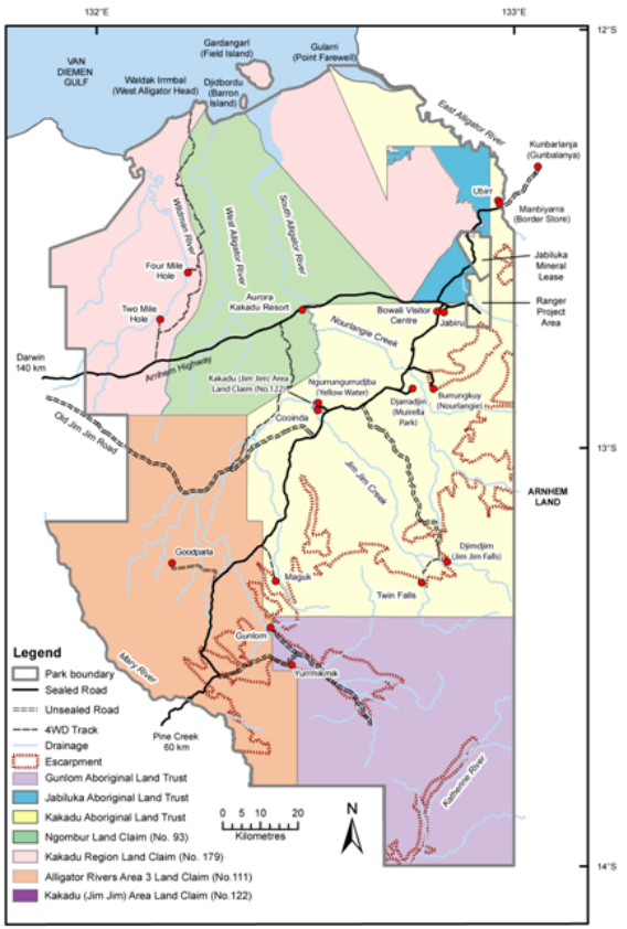 Map of Kakadu showing the Aboriginal land claims in the park
