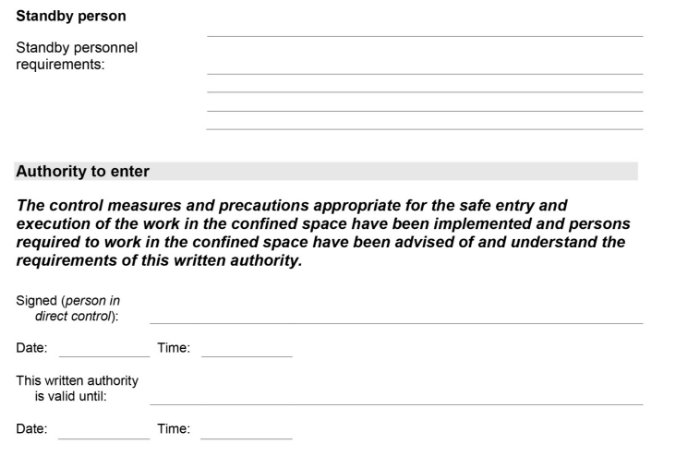 Sample confined space entry permit.