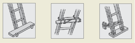 Figure 6 shows some effective ways of securing a ladder. The first is a ladder with the base secured using a plank and wooden stakes, the second is a ladder lashed to a beam and the third is a ladder lashed to a stake in the ground.