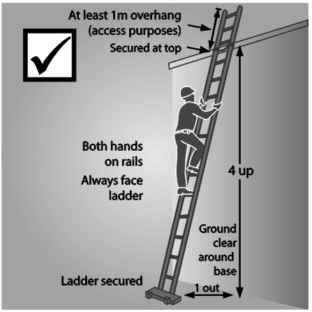 Figure 8 shows an example of acceptable ladder use where the base is 1 metre from the wall and 4 metres to the secured top.