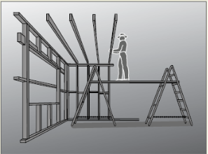 Figure 12 shows a person standing on top of a trestle ladder scaffold installing ceiling or upper level floor joists.