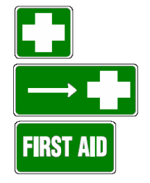Examples of First Aid signs - green background and a white cross.