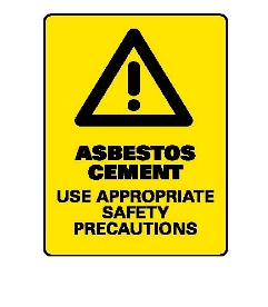 Sign says;
ASBESTOS CEMENT
Use appropriate safety precautions.