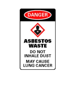 Sign says;
Asbestos waste, do not inhale dust, may cause lung cancer.