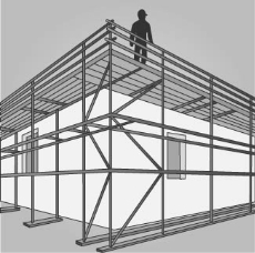 Figure 6 shows a perimeter scaffold with a fully decked working platform, guardrails and toeboards.