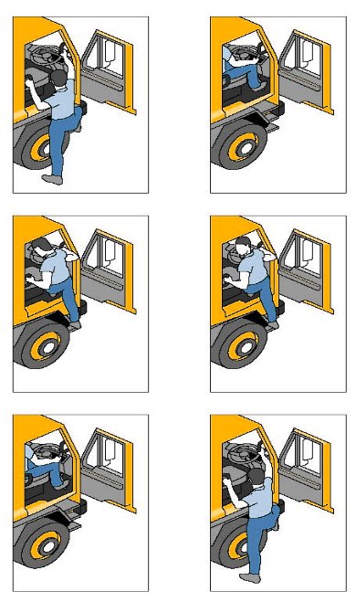 Figure 33 shows diagrams with the correct procedure for climbing in and out of trucks.