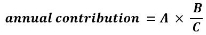 Start formula annual contribution equals A times start fraction B over C end fraction end formula