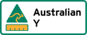 This label is a landscape rectangle shape. It contains a triangle with a stylised kangaroo and a fully filled bar chart beneath it. The explanatory text next to the bar chart reads Australian Y. Y is the word 'Grown', 'Product', or 'Product' or the kind of food, as appropriate.