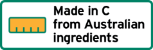 This label is a landscape rectangle shape.
It contains a 100% filled bar chart. The explanatory text next to the bar chart reads Made in C from Australian ingredients.  C is the name of the relevant country, or the adjectival form of the name as appropriate. Packed may be replaced by Packaged. 