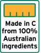 This label is a portrait rectangle shape.
It contains a 100% filled bar chart. The explanatory text underneath the bar chart reads Made in C from 100% Australian ingredients.  C is the name of the relevant country, or the adjectival form of the name as appropriate. Packed may be replaced by Packaged.