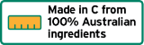 This label is a landscape rectangle shape.
It contains a 100% filled bar chart. The explanatory text next to the bar chart reads Made in C from 100 % Australian ingredients. C is the name of the relevant country, or the adjectival form of the name as appropriate. Packed may be replaced by Packaged.