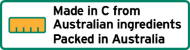 This label is a landscape rectangle shape.
It contains a 100% filled bar chart. The explanatory text next to the bar chart reads Made in C from Australian ingredients Packed in Australia. C is the name of the relevant country, or the adjectival form of the name as appropriate. Packed may be replaced by Packaged.