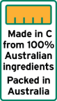 This label is a portrait rectangle shape.
It contains a 100% filled bar chart. The explanatory text underneath the bar chart reads Made in C from 100% Australian ingredients Packed in Australia. C is the name of the relevant country, or the adjectival form of the name as appropriate. Packed may be replaced by Packaged.