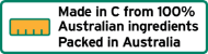 This label is a landscape rectangle shape.
It contains a 100% filled bar chart. The explanatory text next to the bar chart reads Made in C from 100% Australian ingredients Packed in Australia.  C is the name of the relevant country, or the adjectival form of the name as appropriate. Packed may be replaced by Packaged.