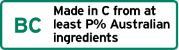 This label is a landscape rectangle shape.
It contains the letters BC. The explanatory text next to the BC reads Made in C from at least P% Australian ingredients. BC is the appropriate bar chart to represent P% of Australian ingredients and P%, in which P is a whole number, is not more than the proportion by weight of the Australian ingredients of the food.  C is the name of the relevant country, or the adjectival form of the name as appropriate. Packed may be replaced by Packaged.