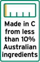 This label is a portrait rectangle shape.
It contains a 5% filled bar chart. The explanatory text underneath the bar chart reads Made in C from less than 10% Australian ingredients. C is the name of the relevant country, or the adjectival form of the name as appropriate. Packed may be replaced by Packaged.