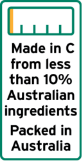 This label is a portrait rectangle shape.
It contains a 5% filled bar chart. The explanatory text underneath the bar chart reads Made in C from less than 10% Australian ingredients Packed in Australia. C is the name of the relevant country, or the adjectival form of the name as appropriate. Packed may be replaced by Packaged.