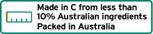 This label is a landscape rectangle shape.
It contains a 5% filled bar chart. The explanatory text underneath the bar chart reads Made in C from less than 10% Australian ingredients Packed in Australia. C is the name of the relevant country, or the adjectival form of the name as appropriate. Packed may be replaced by Packaged.