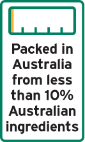 This label is a portrait rectangle shape.
It contains a 5% filled bar chart. The explanatory text underneath the bar chart reads Packed in Australia from less than 10% Australian ingredients.