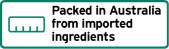 This label is a landscape rectangle shape.
It contains an empty (0%)  bar chart. The explanatory text underneath the bar chart reads Packed in Australia from imported ingredients.Packed may be replaced by Packaged.