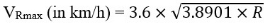 VRmax in kilometres per hour equals 3.6 times the square root of 3.8901 times R.