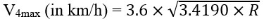 V4max in kilometres per hour equals 3.6 times the square root of 3.4190 times R.