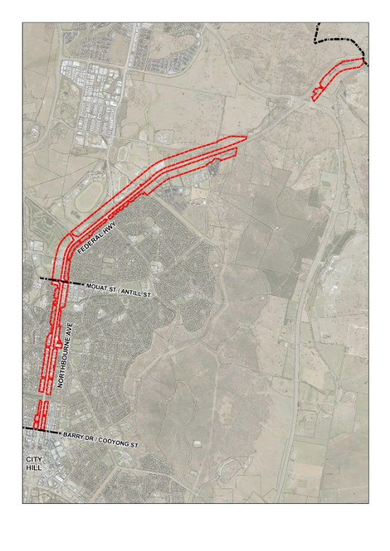 Drawing showing the extent of the Federal Highway and Northbourne Avenue for the purposes of section 4.28 of the National Capital Plan. Northbourne Avenue extends from Barry Drive/Cooyong Street to Antill/Mouat Streets. The Federal Highway extends from Antill/Mouat Streets to the ACT/NSW border.