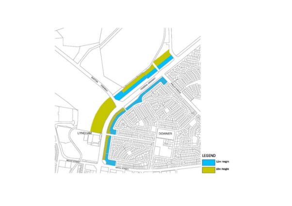 Drawing showing permitted building heights for land flanking the Federal Highway between Antill/Mouat Streets and Phillip Avenue/Flemington Road. Building heights on either 12 metres of 18 metres are permitted, with taller building heights permitted closer to Antill/Mouat Streets.