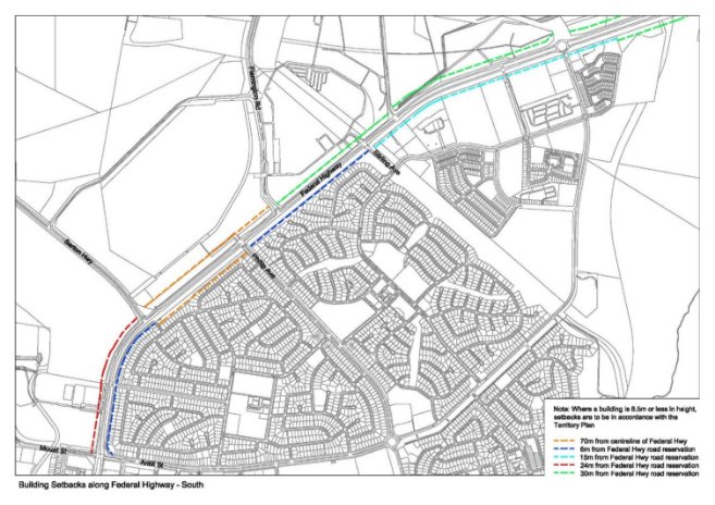 Drawing showing required building setbacks for the southern section of the Federal Highway. 