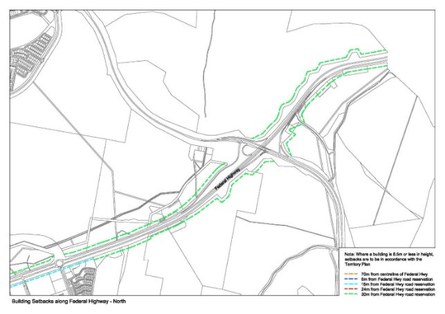 Drawing showing required building setbacks for the northern section of the Federal Highway.